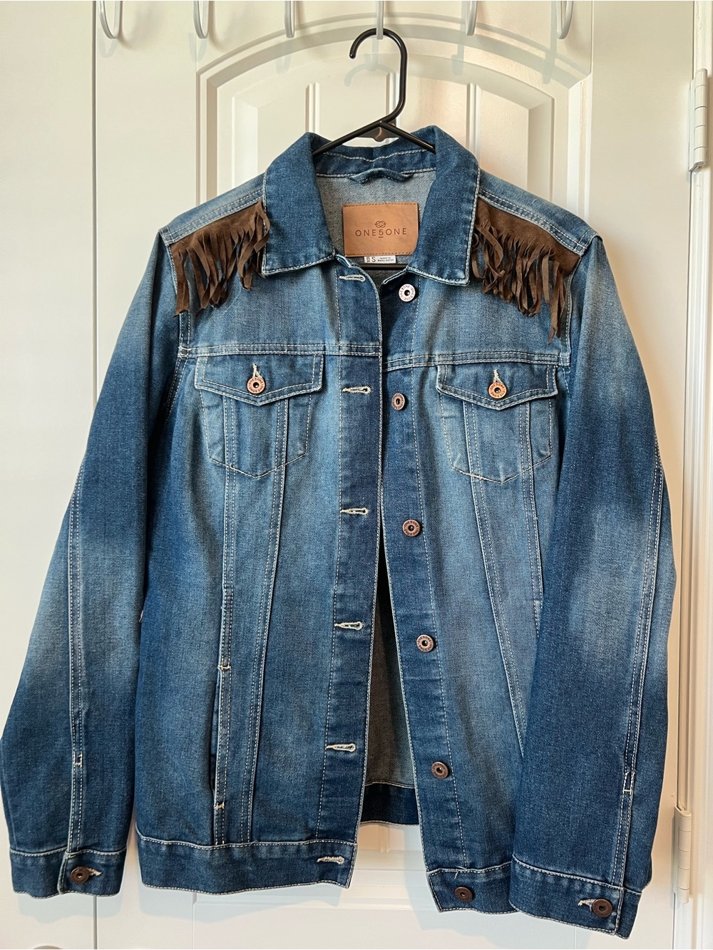 (Up) Cycled “one 5 one” Blue Denim Jacket with Brown Fringe Accents